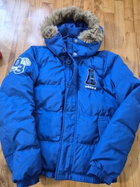 Adidas Kids Blue Puffer Coat with Faux Fur Hood